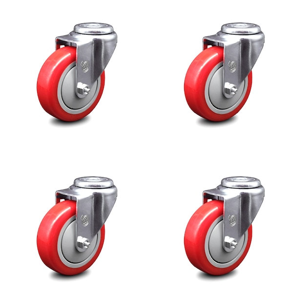 4 Inch Red Polyurethane Wheel Swivel Bolt Hole Caster Set